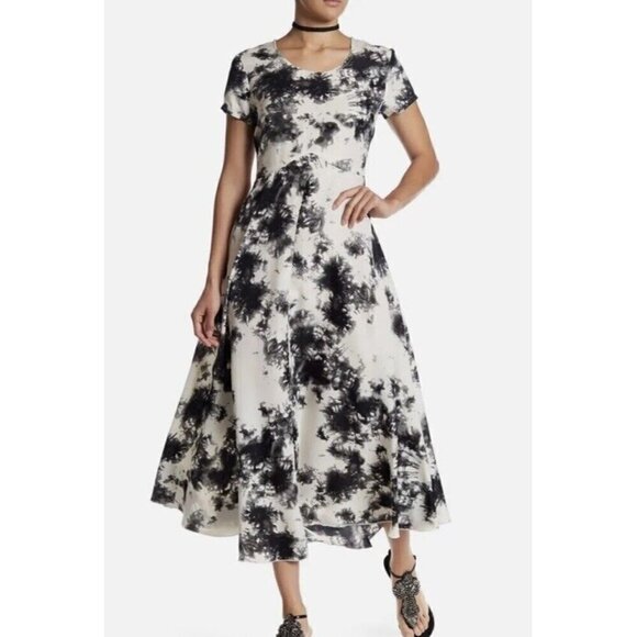 RAGA White Black Boho Tie Dye A Line Midi Dress Size XS Hippie Satin Lightweight - Picture 1 of 8
